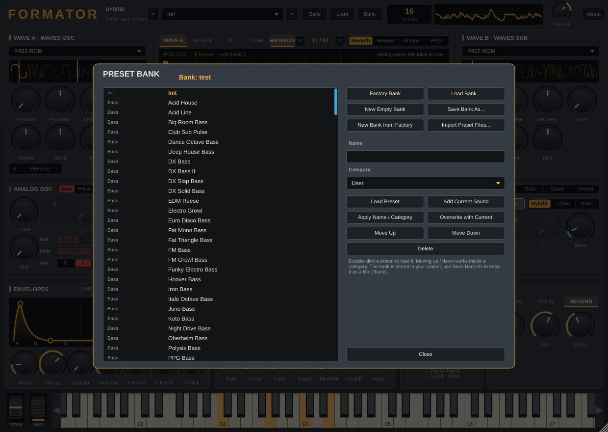 Preset bank window: presets listed by category and bank management buttons